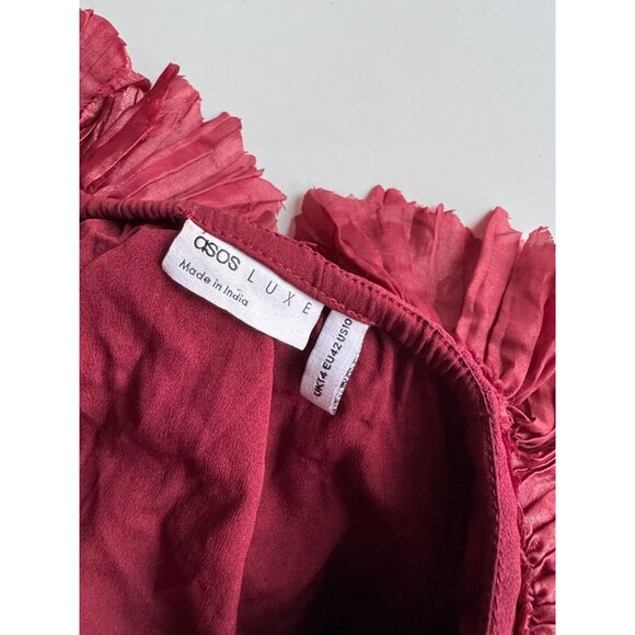 ASOS LUXE Oxblood Red Pleated Ruffle Plunge Neck Mini Halter Dress, Size 10 - Picture 11 of 16